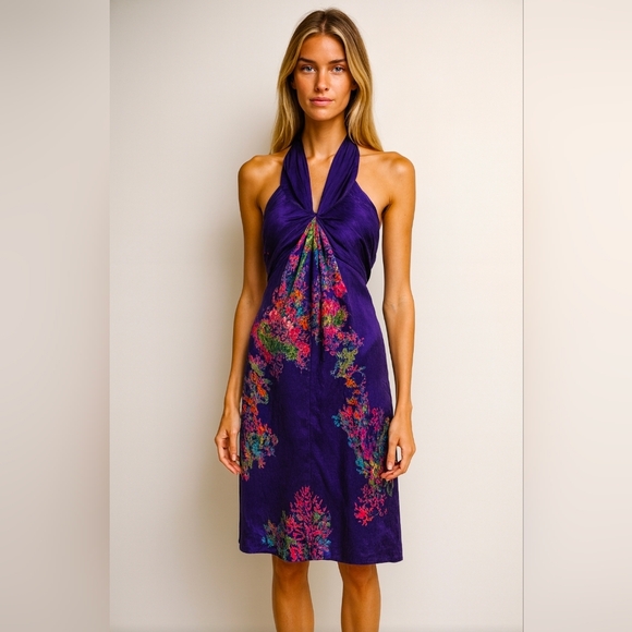 Halston Heritage Dresses & Skirts - Halston Heritage Woman's Silk Dress Size 4 Twist Front Halter Midi Floral Blue